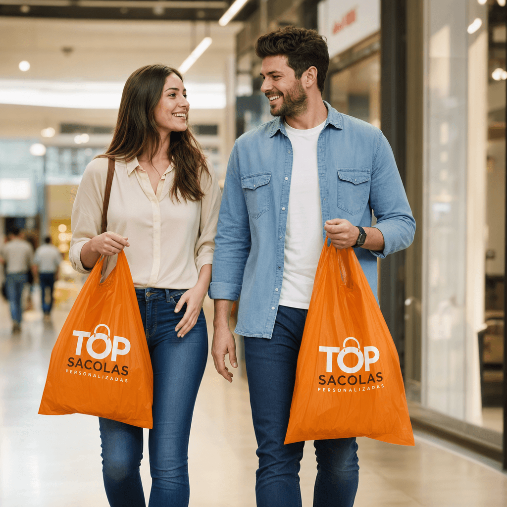 Casal sorrindo com sacolas personalizadas Top Sacolas – Taubaté SP